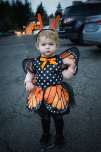 April's daughter, Madelyn, in her monarch butterfly costume for Halloween -- her first time trick-or-treating.